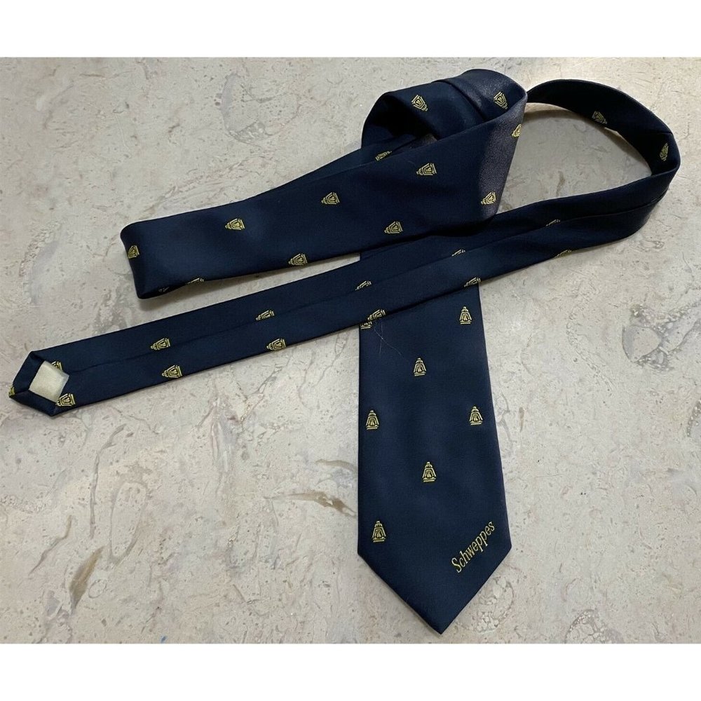Vintage Mens Necktie Tie Schweppes Beverage Cratti Blue Gold